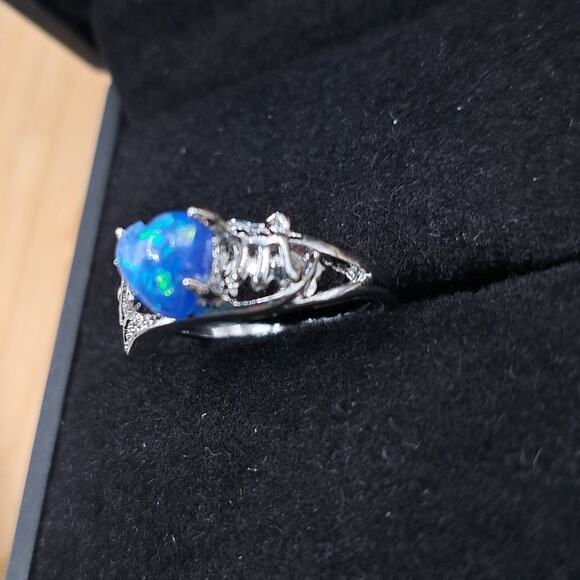 Blue Heart Simulated Opal Silver Fashion Ring, Size 7 - Picture 3 of 4